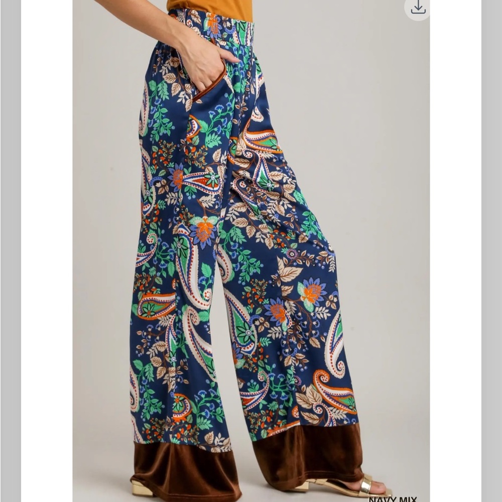 790. Paisley velvet trim wide leg silky pant navy blue
